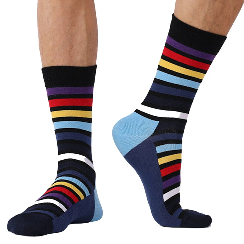 (image for) 5 Pairs Men's Cotton Stripe Socks Funny Crew Bright Color Block Personality Mid Long Tube Skateboard Socks Unisex