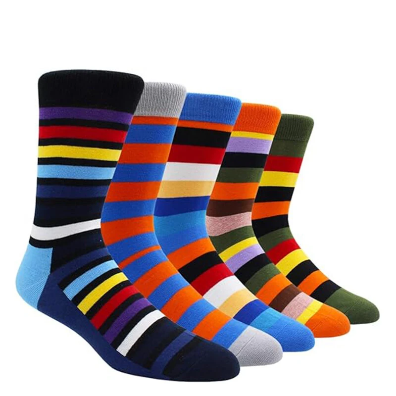 (image for) 5 Pairs Men's Cotton Stripe Socks Funny Crew Bright Color Block Personality Mid Long Tube Skateboard Socks Unisex