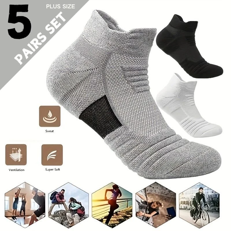 (image for) 5 Pairs Men's Sports Socks, Towel Basketball Socks, Wicking Sweat Breathable Running Cycling Socks, High Elastic Outdoor Activities Ankle Socks