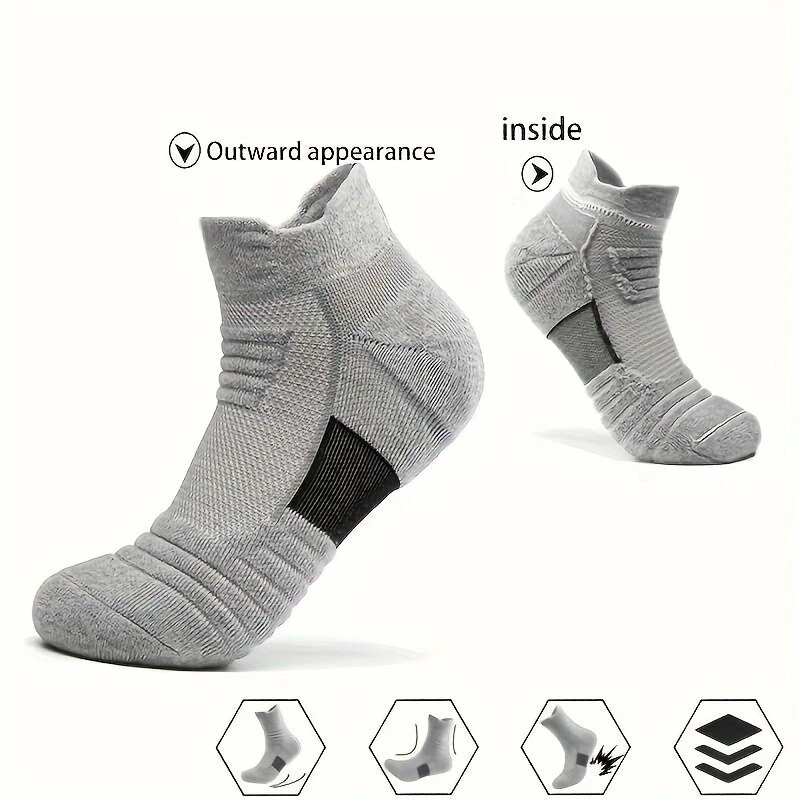 (image for) 5 Pairs Men's Sports Socks, Towel Basketball Socks, Wicking Sweat Breathable Running Cycling Socks, High Elastic Outdoor Activities Ankle Socks