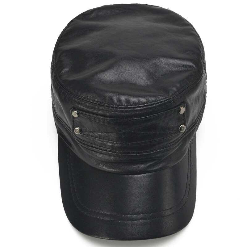 (image for) Collrown Genuine Sheepskin Leather Cap Men's Flat Cap Adjustable Outdoor Casual Black Caps for Spring Fall