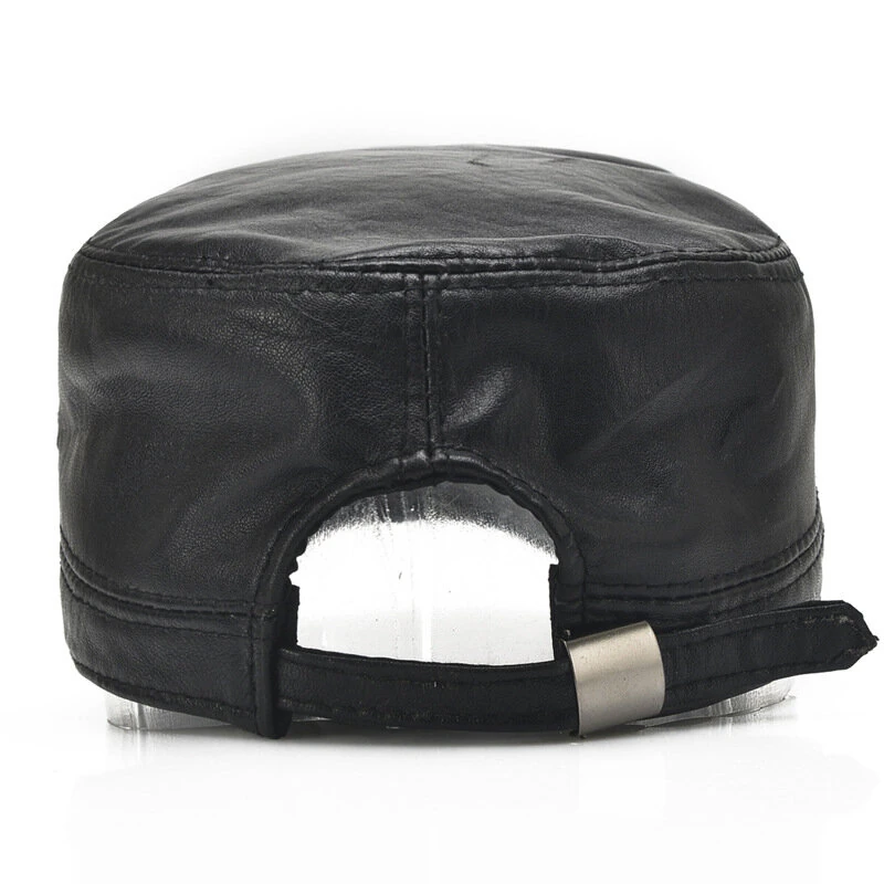 (image for) Collrown Genuine Sheepskin Leather Cap Men's Flat Cap Adjustable Outdoor Casual Black Caps for Spring Fall