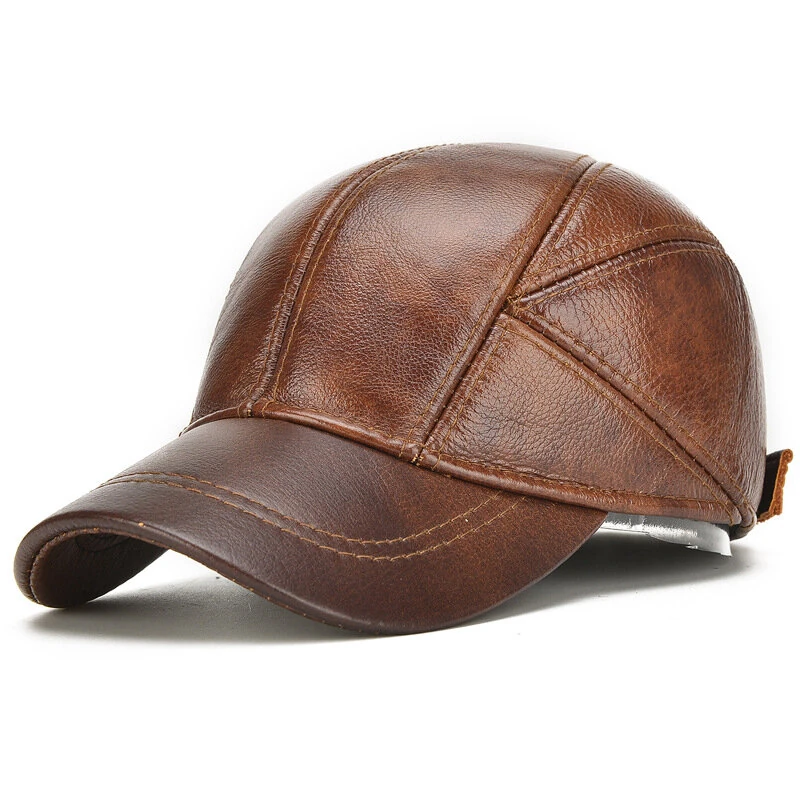 (image for) Collrown Mens Genuine Leather Baseball Cap with Hidden Earmuff for Fall Winter Outdoor Casual Warm Cow Leather Hat