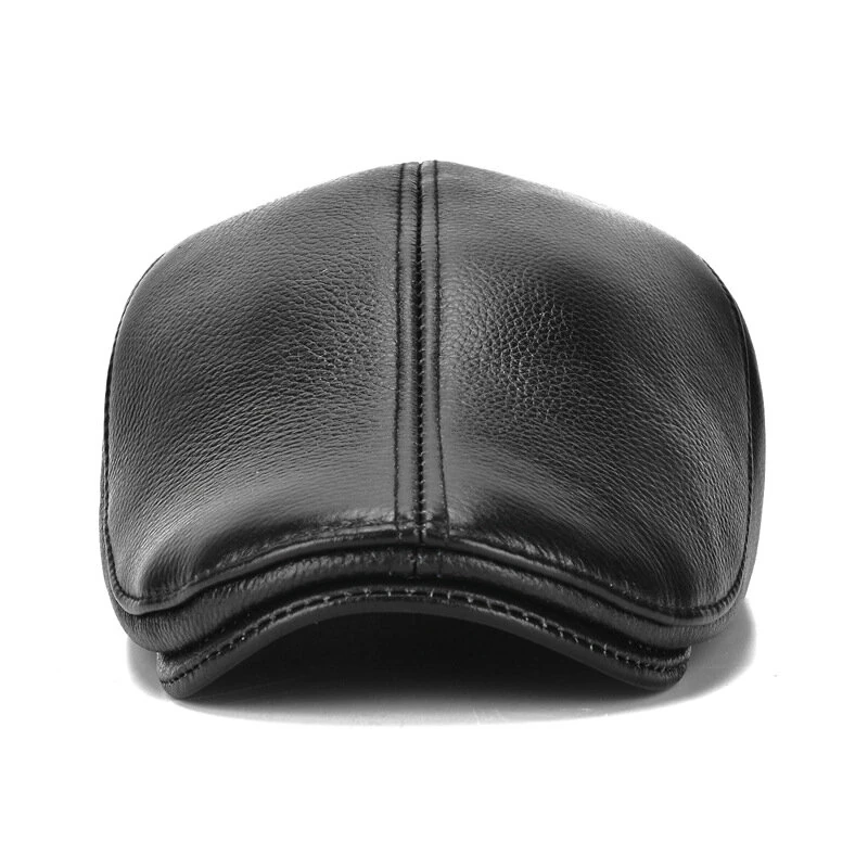 (image for) Collrown Men's Outdoor Genuine Leather Berets Forward Cap for Autumn Winter Casual Flat Peaked Hat
